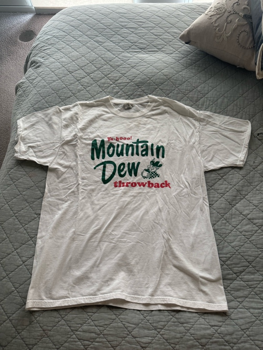 Vintage Mountain Dew Throwback Tee - White with Green & Red Graphic